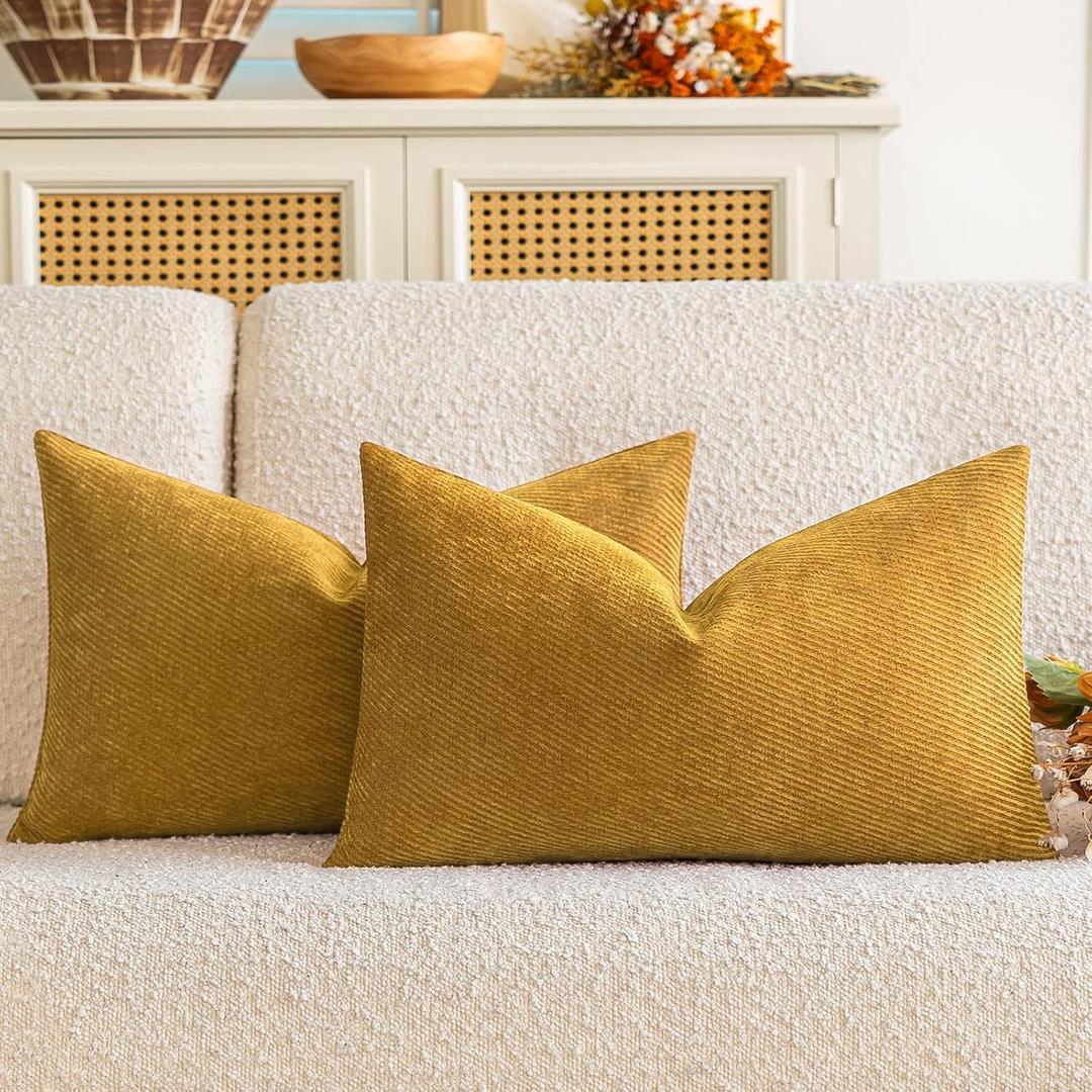 a moment Pack of 2 Decorative Chenille Throw Pillow Covers with Twill Cushion Covers for Sofa Living Room Couch Bed 12x20 Inch Yellow
