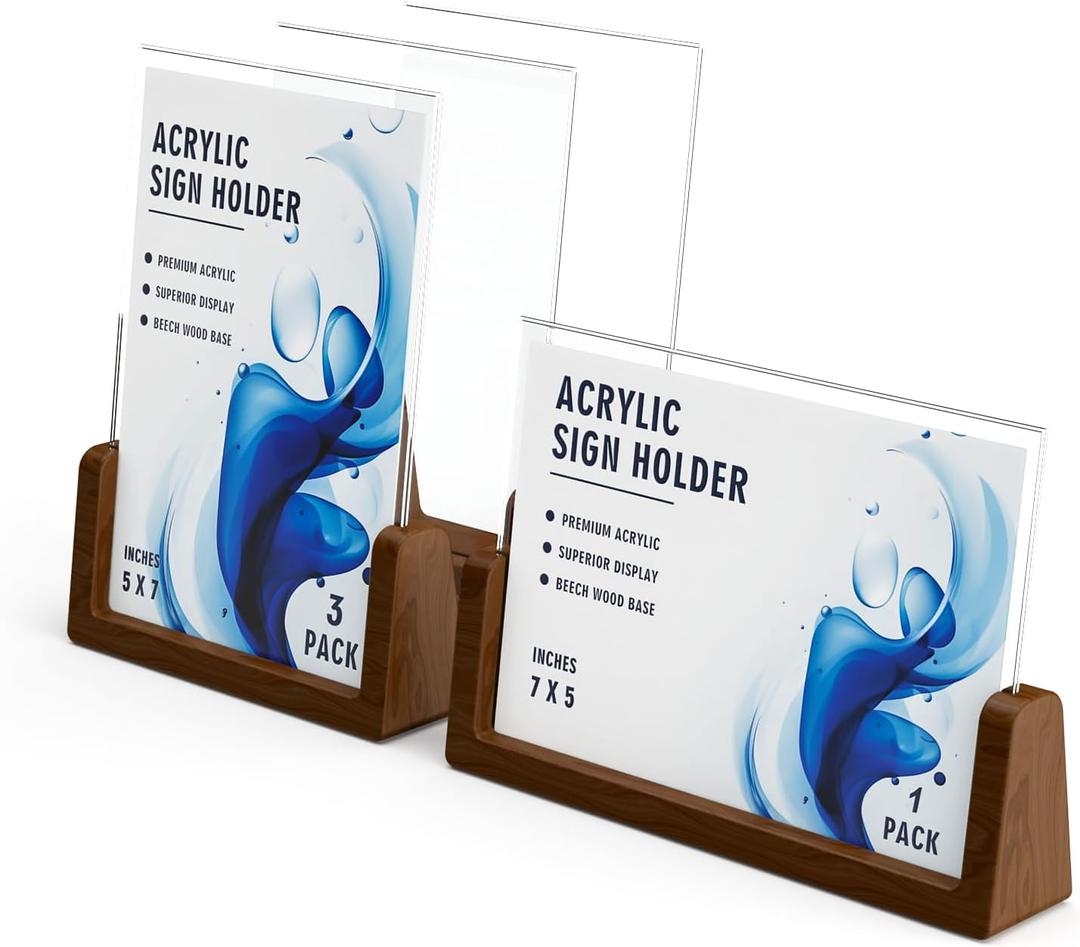 Walnut Wood U-Base 5"x7"Sign Holder Set  Premium U-Shaped Tabletop Display Stand with Clear Acrylic Panels,4Pack (3 Vertical + 1 Horizontal)5*7inches  Ideal for Photo, Menu, QR Code, Caf, Home Dcor