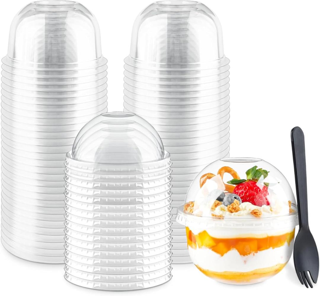 10 pack 
 9 oz Clear Plastic Dessert Cups with Dome Lids (No Hole) and Sporks, Disposable Yogurt Parfait Cups with Lids for Fruit Salad Ice Creams Pudding Cakes