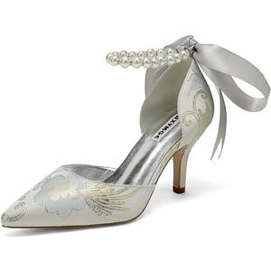 Women Floral Satin Pearl Wedding Shoes for Bride Closed Toe Bridal Heels (10, Silver)