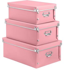 SEEKIND Storage Box, Decorative Storage Bins with Lid,3 in 1 Set,Plastic,with Handles,Press-Stud Fastening,Moisture-proof,Foldable for Space Saving Storage,for Clothes,Cosmetic,Blankets (Pink)
