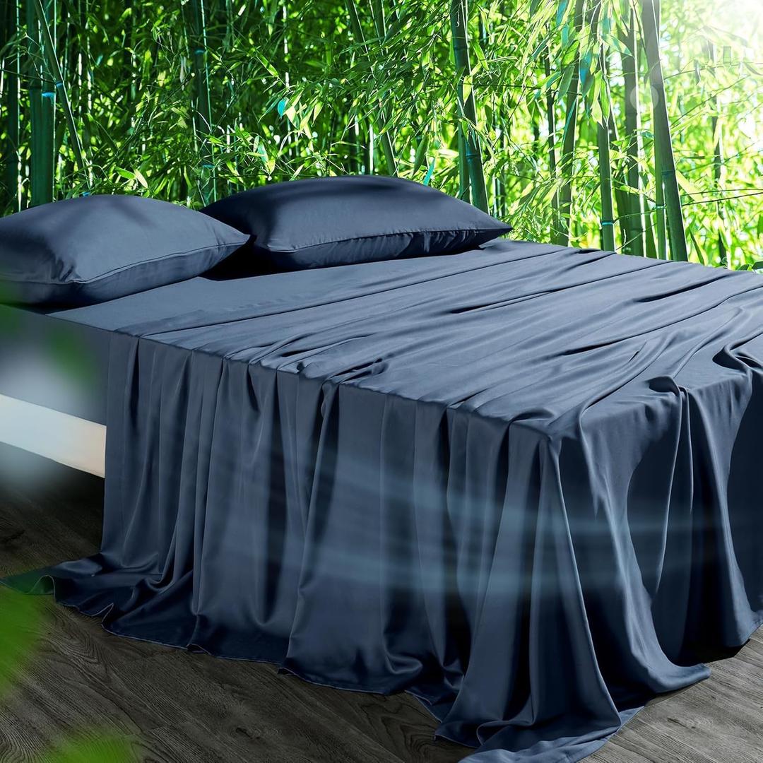 Cooling Sheets Set Queen Size, Viscose Derived from Bamboo for Hot Sleepers | Deep Pocket Up to 16 Inch | Silky Soft & Breathable Bedding - 4PC (Queen, Navy)