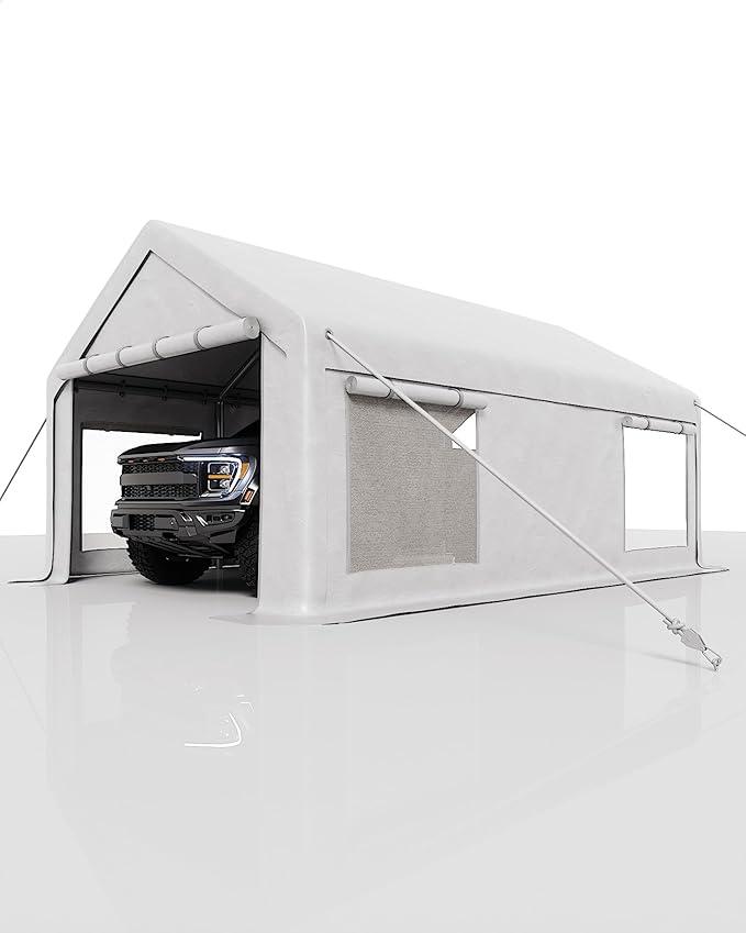 GarveeLife 10x20 ft Portable Garage, Car Port with 200 g PE Tarp Cover, with Front & Rear Roll-Up Doors and 4 Windows, for Temporary Paint Booth, Boats&Pickups Shed, and Event Shelter, White