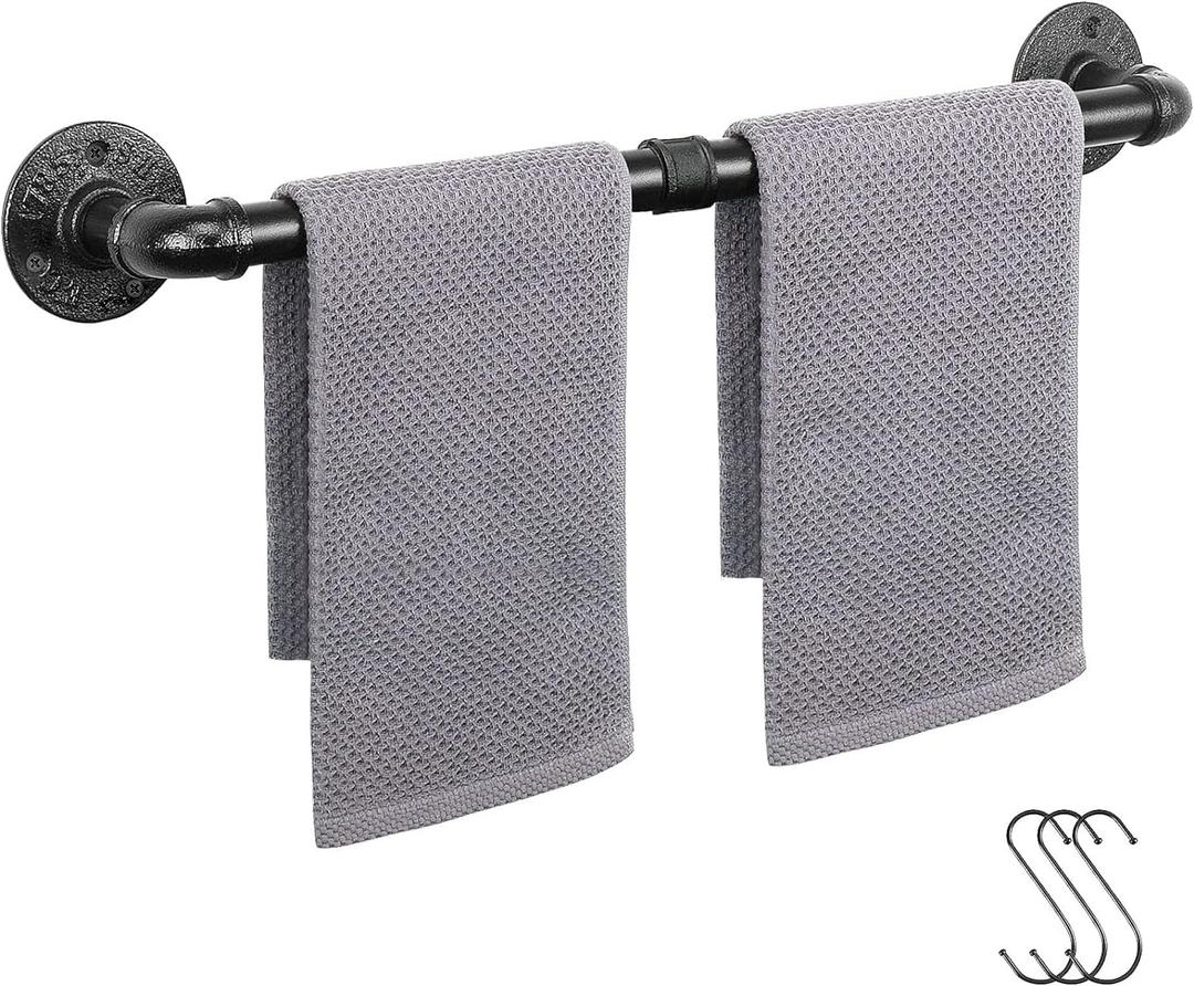 Industrial Pipe Towel Rack Towel Bar, Heavy Duty Wall Mounted Rustic Farmhouse Bath Towel Holder for Bathroom (Black, 24 inch)