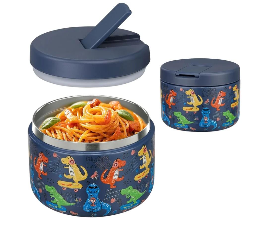 12oz Insulated Vacuum Food Jar with Buckle Lid Wide Mouth Soup Thermo for Hot Food Kids Leakproof Stainless Steel Lunch Container (Blue-Dinosaur)