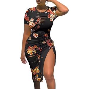 FECAFO Cut Out Hollow Out Ruched Slit Bodycon Dress for Women Sexy Side Slit Drawstring Club Party Short Sleeve Midi Dresses (Floral, XL)
