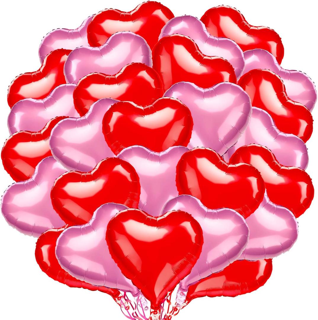 Skylety 28 Pcs Valentine's Day Heart Shaped Foil Balloons, 18 Inch Red and Pink Solid Color Helium Balloons for Galentine's Day, Wedding, Engagement, Anniversary Party Decorations
