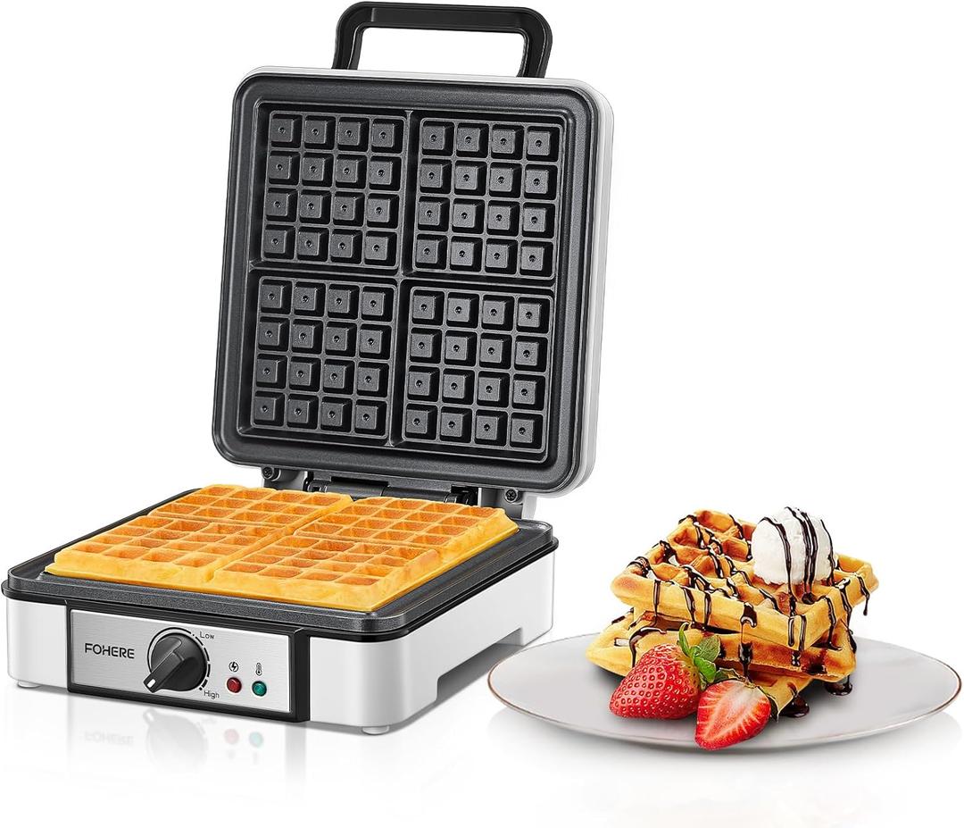FOHERE Waffle Maker 4 Slices, 1200W Square Waffle Iron, 5 Browning Levels, Nonstick Plates, Cool-touch Handle, Anti-scald, Anti-overflow, Indicator Lights, Recipe, White (Large)