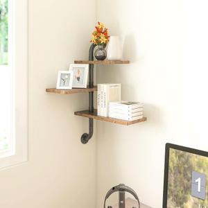 3 Tier Industrial Pipe Shelving Rustic Wood Floating Shelf, Adjustable Corner Wall Mounted Storage Shelves for Farmhouse Kitchen Office Bathroom and Home Decor Shelf
