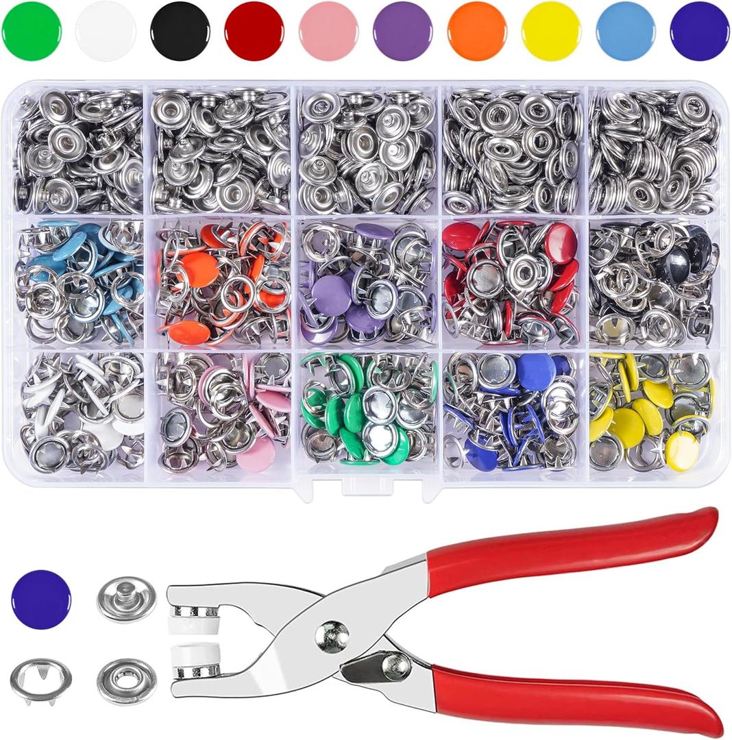 CHEPULA Craftsmanship DIY 200 Sets 3/8 Inch Metal Snaps Buttons with Fastener Pliers Press Tool Kit for for Sewing and Crafting (10 Colors,9.5mm) (Solid)