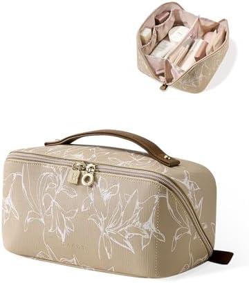Amazon.com : EACHY Travel Makeup Bag, Large Capacity Cosmetic Bags for Women, Waterproof Portable Pouch Open Flat Toiletry Bag Pattern Makeup Bag (F-Brown) : Beauty & Personal Care