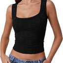 QINSEN Womens Lace Trim Square Neck Sleeveless Tank Tops Double-Layer Slim Fit T Shirt Crop Tops (Small, Black)