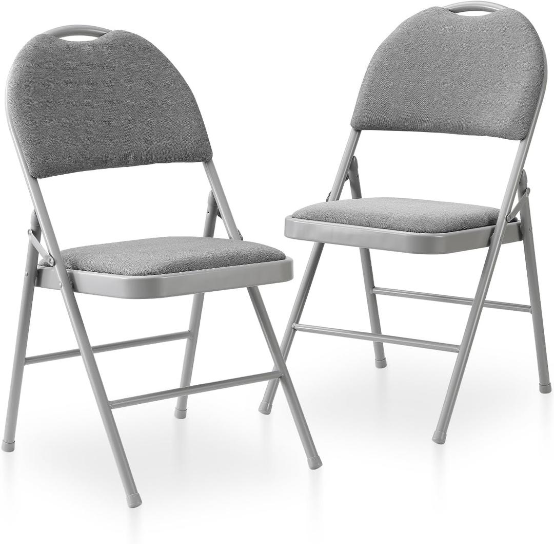 BOOSDEN Folding Chairs Set of 2, Heavy Duty Metal Folding Chairs with Padded Fabric Seats, Big Backrest Foldable Chair for Outdoor & Indoor & Dining & Party, Grey, Large