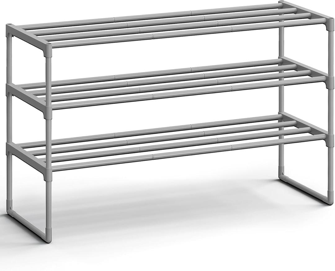SONGMICS Shoe Rack, 3-Tier Shoe Organizer, Metal Storage Shelf, Upright or Upside Down, for 16-20 Pairs, Stackable, for Entryway, 11.8 x 36.2 x 21.7 Inches, Gray ULSA303G01 (Grey)