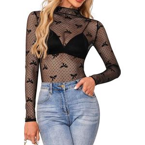 FEOYA Mesh Long Sleeve Tops for Women Floral See Through Lace Top Slim Fit Mock Neck Trendy Casual Lace Layering Shirt L