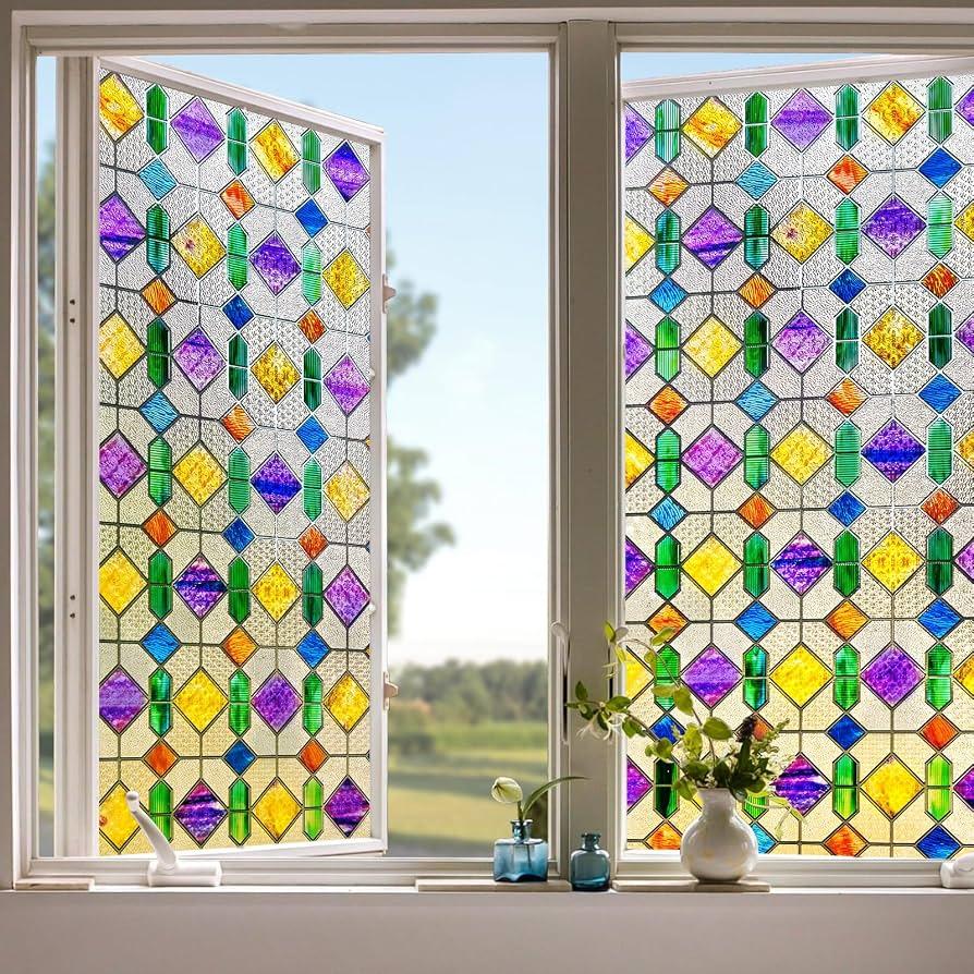 3D Stained Glass Window Film, Decorative Window Privacy Film for Bathroom,Front Door,Home, Sun Blocking Heat Control,Static Cling,Glass Haven 17 x 40