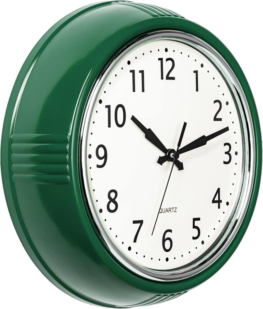 Bernhard Products Retro Wall Clock 12 Inch Hunter Green Kitchen 50's Vintage Design Round Silent Non-Ticking Quartz Battery Operated Clocks for Home Office School Classroom Kids Bedroom Living Room