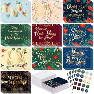 Yeaqee 100 Pack Assorted Cards Bulk with Envelopes and Stickers Greeting Cards Folded Designs for Holiday Party Supply Gifts(New Year)