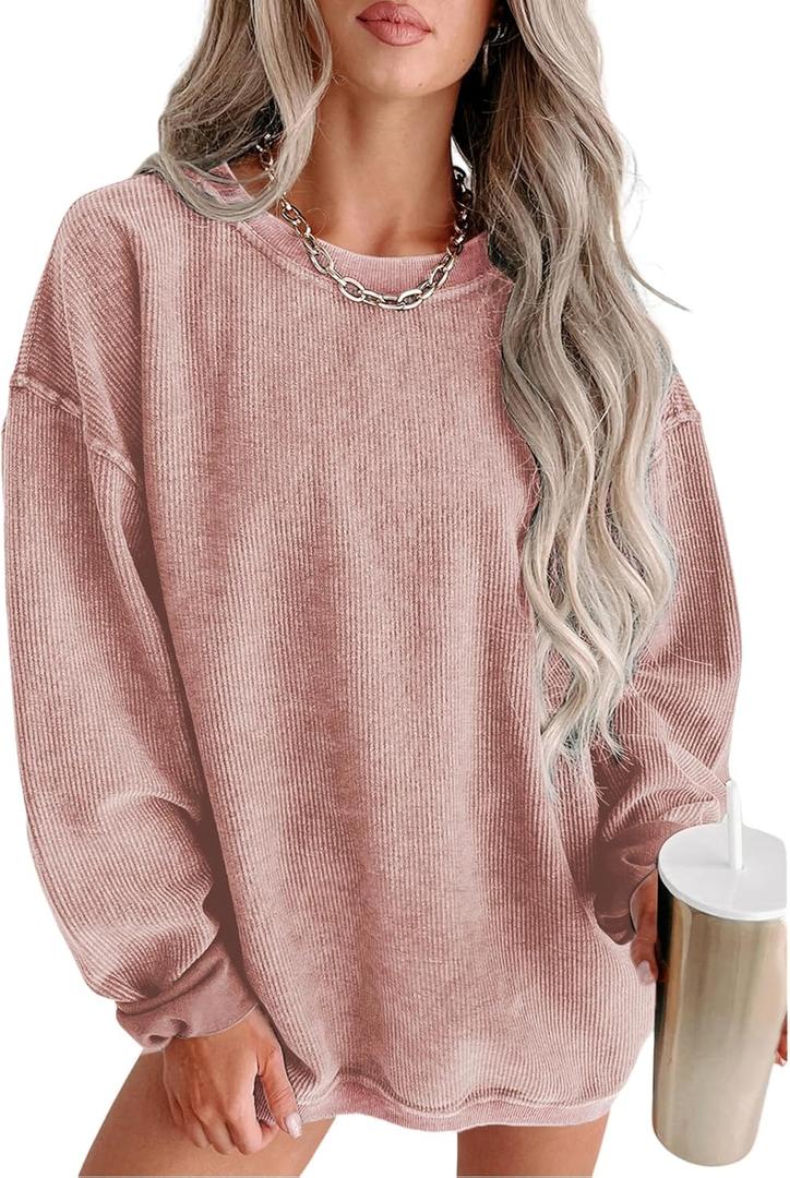 SELINK Women's Crewneck Oversized Corduroy Corded Sweatshirt Long Sleeve Casual Pullover Tops (Pink, S)