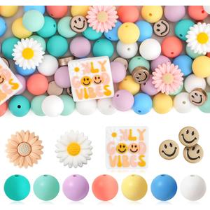 Kaciola 108 PCS Smiley Face Silicone Beads for Keychain Making, Flower Shape 15mm Silicone Focal Beads Bulk for Pens Jewelry Crafts DIY