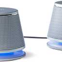 Amazon Basics Stereo 2.0 Computer Speakers with LED Lights for PC, Laptop or Desktop, Volume Control, 3.5mm Aux Input, USB-Powered, Silver, 1 Pair