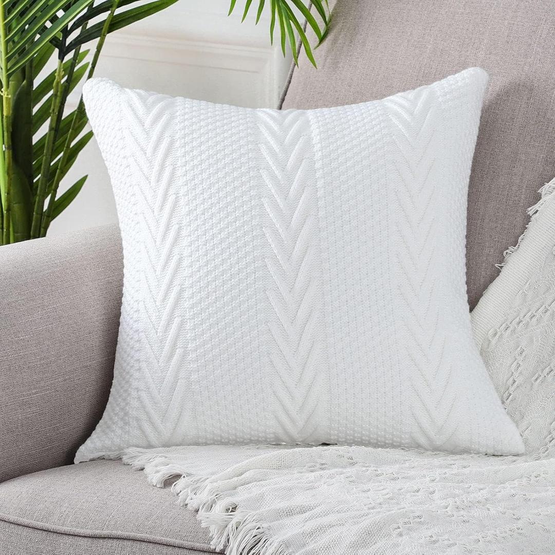 MANDIOO Cotton Knitted Decorative Throw Pillow Covers Soft Cozy Outdoor Cushion Cases Luxury Modern Pillowcases for Couch Sofa Bed 16x16 Inches White