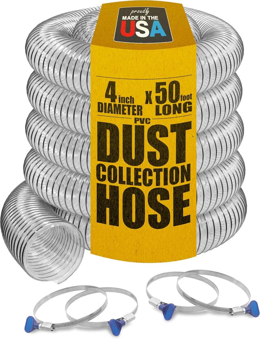 4" x 50' PVC Dust Collection Hose w/4 Thumbscrew Clamps Made In USA