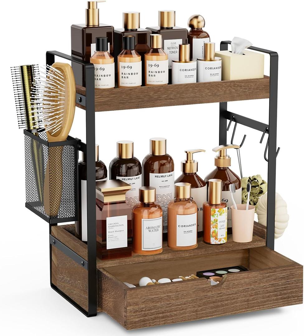 2-Tier Bathroom Counter Organizer with Drawer Basket and Hooks, Wood Bathroom Organizers and Storage for countertop, Farmhouse Dark Brown Countertop Organizer, Counter Shelf for Vanity Kitchen Office