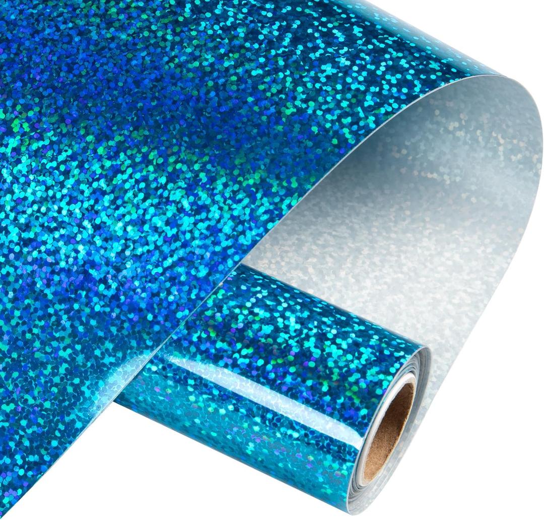 HTVRONT Holographic Glitter Permanent Vinyl, 12" x 10ft Sparkle Blue Permanent Adhesive Vinyl, Easy to Weed & Transfer Glitter Roll Compatible with Cricut Cutting Machine, Crafts, Silhouette, Decal