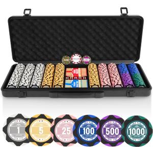 ORIENGEAR Poker Chip Set with Denominations 500 PCS with 14 Gram Numbered Clay Chips, Texas Holdem Casino Chip Sets with 2 Decks of Plastic Playing Cards, for Blackjack Gambling Games, Black Case