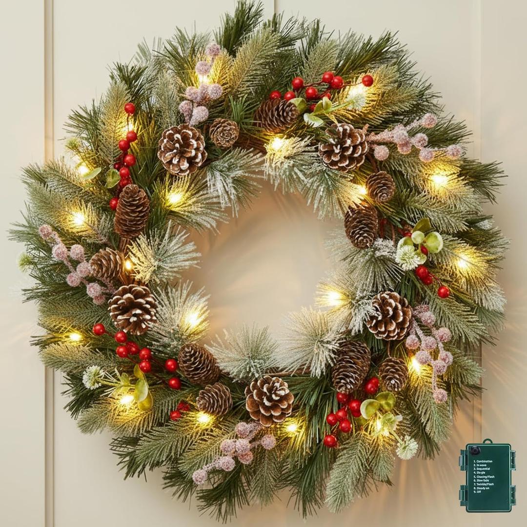 Christmas Wreath Decorations-22 inch Christmas Wreaths for Front Door with Pine Cones Berries-Xmas Door Wreath for Indoor Outdoor Windows Wall Holiday Decor 45 pcs Twig