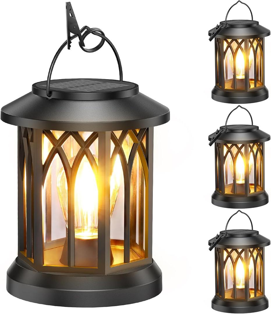 WdtPro 4 Pack Solar Lantern Outdoor Lights, Upgraded Bright Solar Lanterns Outdoor Waterproof, Hanging Solar Powered Lantern Over 12Hrs Lights for Outside Garden Yard Patio Tree Path Decor, Black