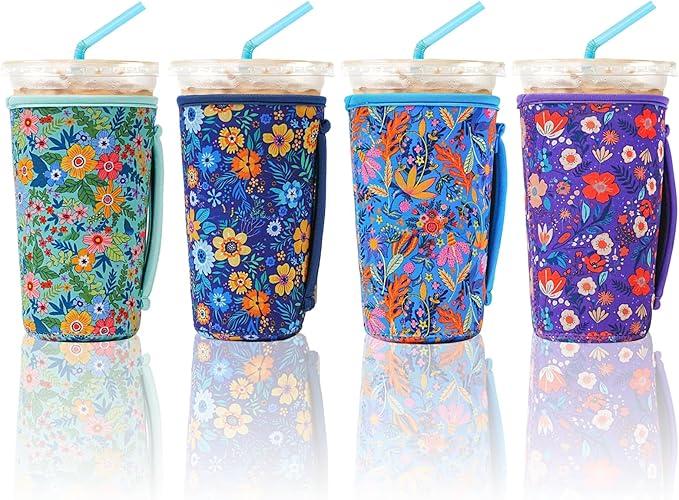 4 Pack Iced Coffee Sleeve,reusable Neoprene Cup Sleeves Suitable For Beverage Sleeves For Hot And Cold Coffee Or Ice Drink Coffee cup sleeve for Starbucks coffee cup(Flowers, 22-24 OZ)