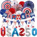 32PCS 4th of July Patriotic Decorations Set,250th Red White Blue Paper Fans Decorations Labor Memorial Day Decor for Indoor Outdoor Outside