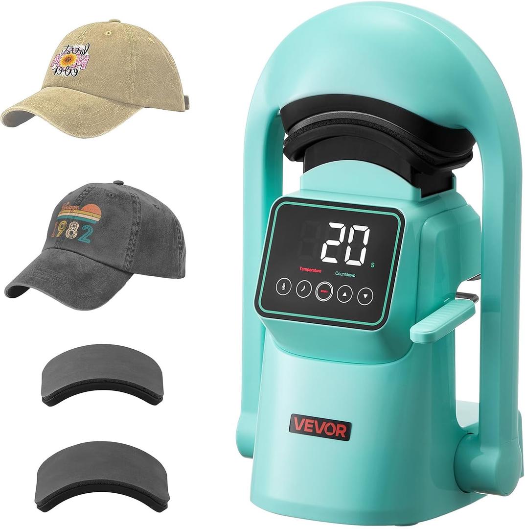 VEVOR Auto Hat Heat Press Machine, with 2pcs Interchangeable Platens, Automatic Open and Release, Touchscreen for Precise Time and Temperature Control, Heat Transfer Printing for Caps, Hats, Green