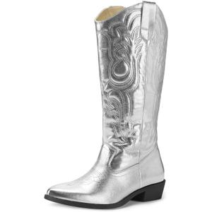 mysoft Women's Cowboy Boots Mid Calf Western Embroidered Pointed Toe Chunky Heel Pull On Cowgirl Boots Fit Medium Wide Width (7.5)