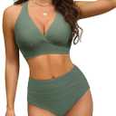 Women's High Waisted Bikini Set Large Bust Supportive Crossover Back V-Neck Two-Piece Swimsuit Bathing Suits