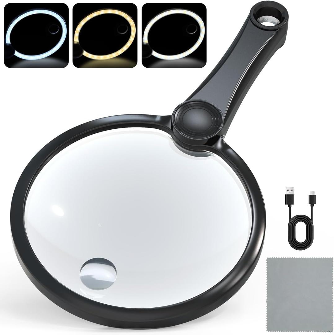 IMICHI Large 5.12" Handheld Magnifying Glass 10X/20X Lens with Eye-Care Anti-Flicker LEDs  3 Adjustable Light Modes, Rechargeable  Perfect for Seniors, Low Vision, Reading, Crafts, Jewelry Repair (Black)