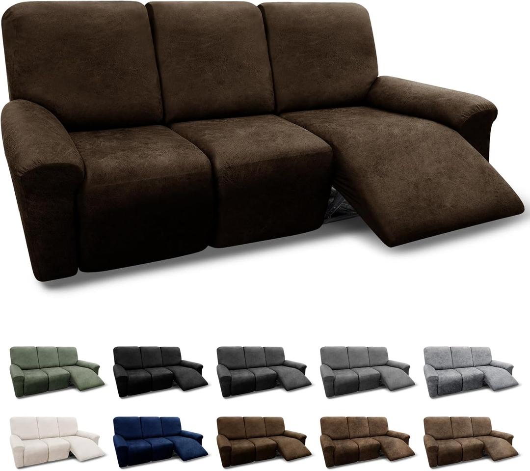 Couch Cover 8-Piece Washable Recliner Slipcovers with Pockets Spandex Fabric Covers for 3-Seater Leather Look Recliner Sofa (Coffee)