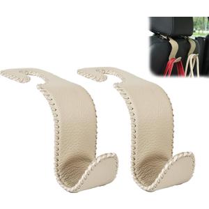 Amooca Car Seat Headrest Hook Universal Vehicle Storage Hanger Leather with Metal Car Seat Back Organizer for Handbag Purse Coat Beige 2 Pack