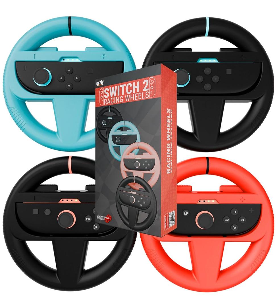 Orzly Racing Steering Wheels Compatible with Switch 2 (2025 Console)  Party [Pack of 4] Joy-Con Controller Attachments for MarioRacing Games (2 Black, 1 Blue, 1 Red) Gift Boxed (7.9 inch Switch 2)