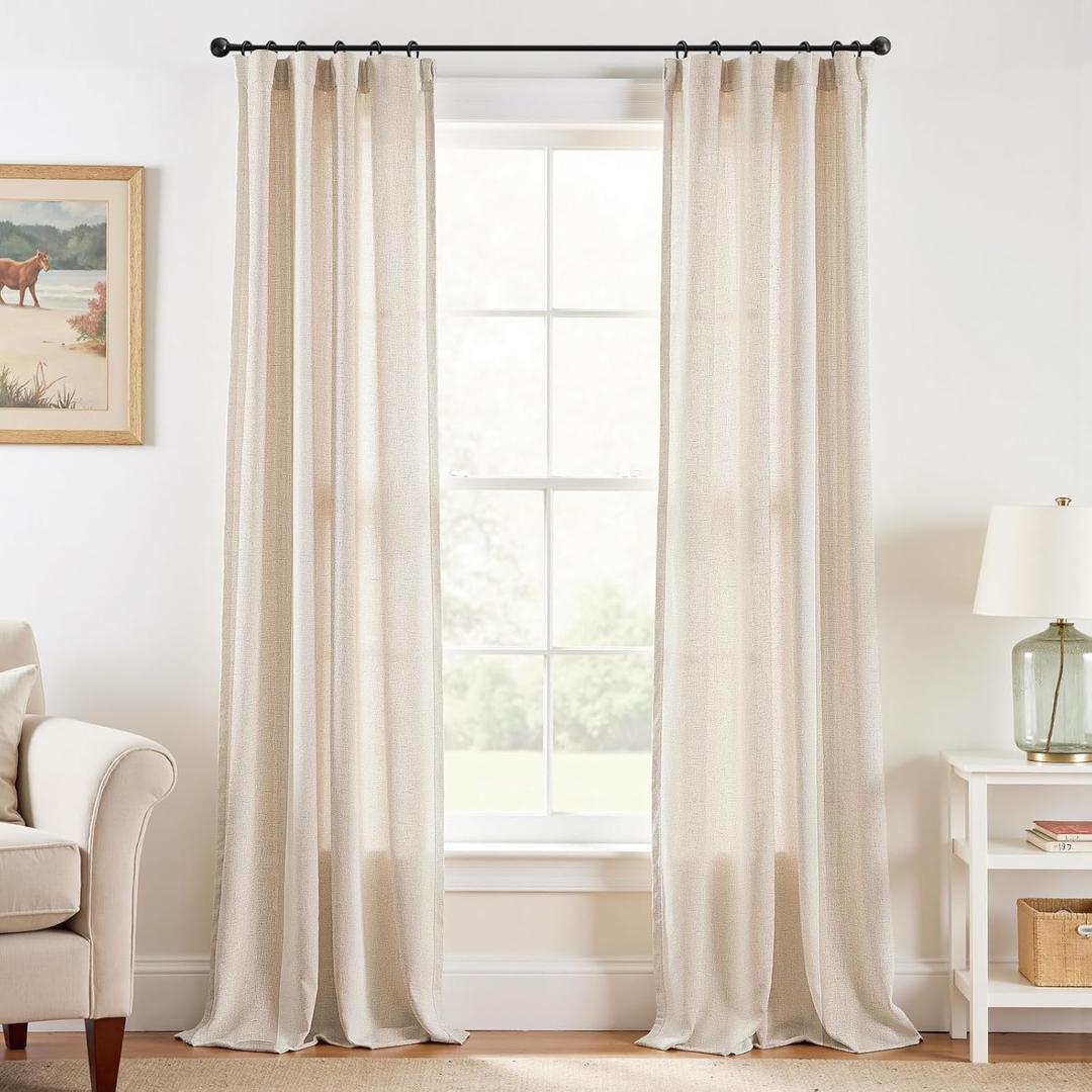 jinchan Floor to Ceiling Linen Blend Curtains 96 inch Length 2 Panels for Bedroom Living Room, Light Filtering 38 inch Wide Farmhouse Drapes with Rod Pocket Back Tab(38W x 96L, Ecru)