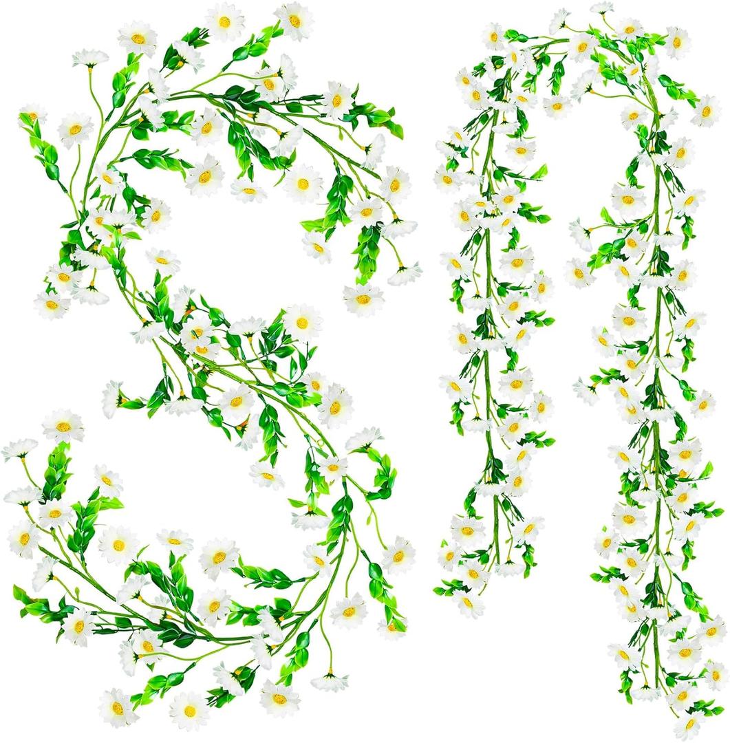 2 Pack Artificial Daisy Flowers Vine, 13.6 Ft Silky Artificial Garland with White Daisy and Vine Floral Garlands Decoration for Room Wall, Flower Themed Party, Wedding Supplies