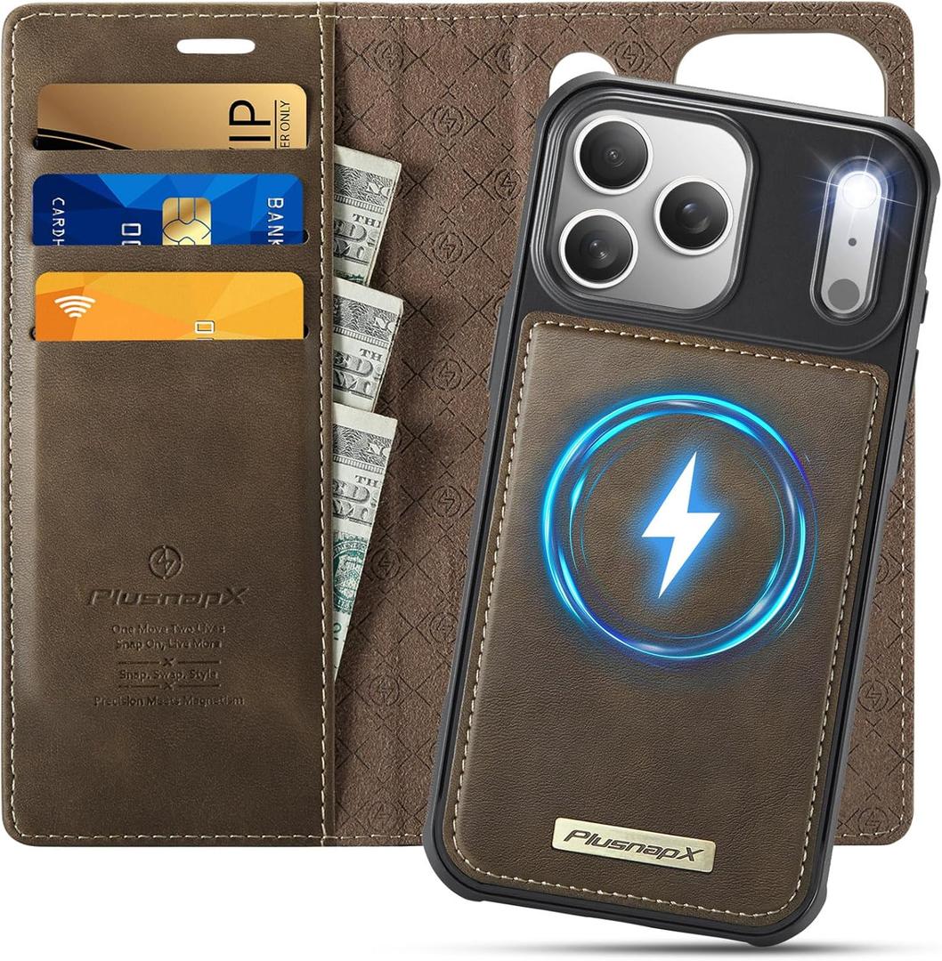 Wallet Case for iPhone 17 Pro Compatible with Magsafe, 2-in-1 PU Leather Flip RFID Blocking Card Holder Stand Shockproof Magnetic Detachable Cover for iPhone 17 Pro Case 6.3", Brown