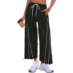 Fisoew Womens Baggy Wide Leg Pants Casual Elastic Waist Drawstring Hiking Workout Cropped Track Pants with Pockets Black (Black, L)