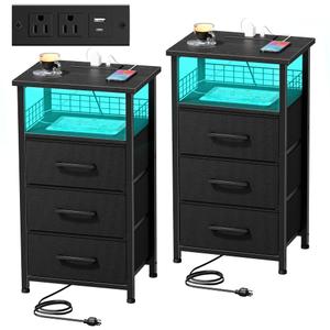 LAKEMID Nightstands Set of 2 with Charging Station, Night Stand with 20 Colors LED Lights and Fabric Drawer, Side Tables Bedroom, End Table with USB Ports and Outlets for Living Room, Office (Black)