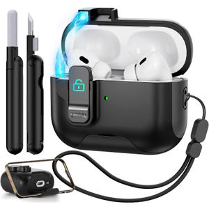for AirPods Pro 2nd/1st Generation Case with Secure Lock,Shockproof Hard Protective Cover for AirPods Pro 2 Case with Phone Holder,Airpod Pro Cases (2023/2022/2019) with Cleaner Kit-Black