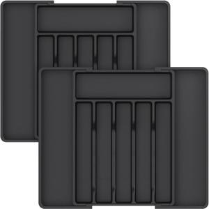 Lifewit Silverware Drawer Organizer, Expandable Utensil Tray for Kitchen, BPA Free Flatware and Cutlery Holder, Adjustable Plastic Storage for Spoons Forks Knives, 2 Pack, Black