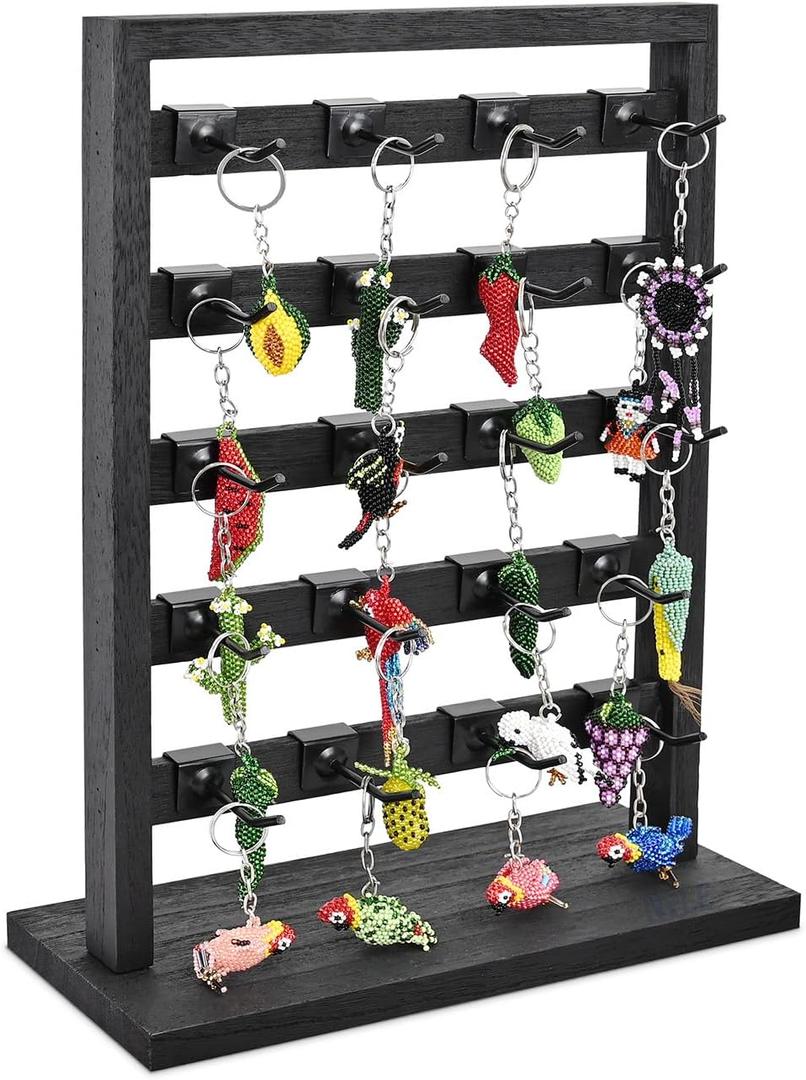 Ikee Design Wooden Jewelry Display Rack with 20 Removable Metal Hooks,Earring Card Display Stand,Jewelry Organizer,Earring Bracelet Organizer, Keychain Stand, Black Color