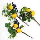 Artificial Lemon Picks with Blueberries and White Flowers, Eucalyptus Leaves, 12 Inch Summer Fruit Stems, 4 Pack Decorative Branches for Vase